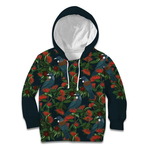 New Zealand Christmas Kid Hoodie Romantic Tui Birds on Pohutukawa - Cobalt - Aussie Hoodie