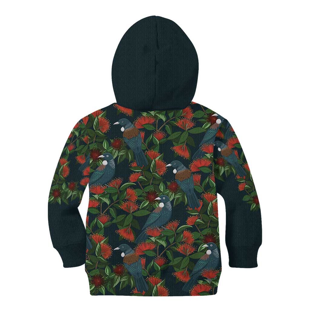 New Zealand Christmas Kid Hoodie Romantic Tui Birds on Pohutukawa - Cobalt - Aussie Hoodie