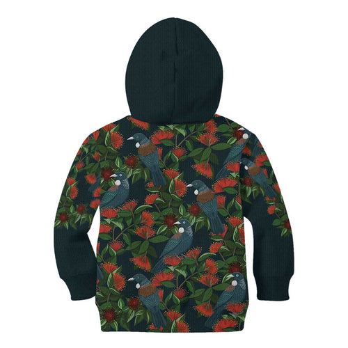 New Zealand Christmas Kid Hoodie Romantic Tui Birds on Pohutukawa - Cobalt - Aussie Hoodie