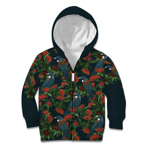 New Zealand Christmas Kid Hoodie Romantic Tui Birds on Pohutukawa - Cobalt - Aussie Hoodie
