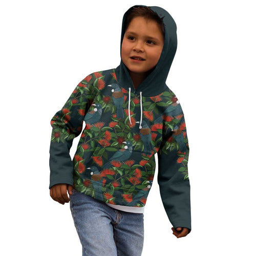 New Zealand Christmas Kid Hoodie Romantic Tui Birds on Pohutukawa - Cobalt - Aussie Hoodie