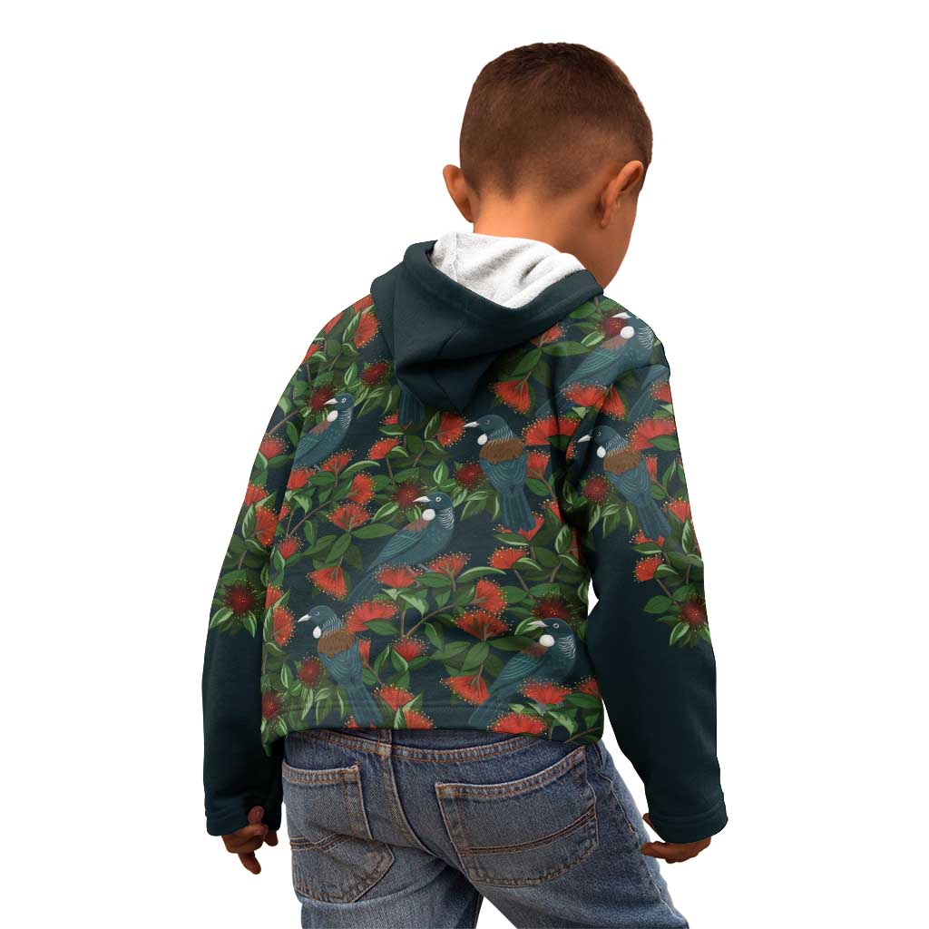 New Zealand Christmas Kid Hoodie Romantic Tui Birds on Pohutukawa - Cobalt - Aussie Hoodie