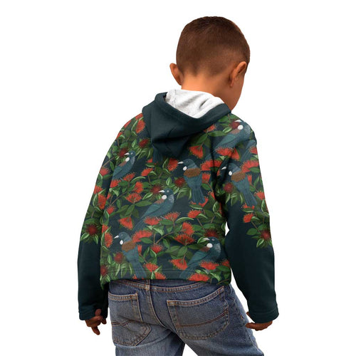 New Zealand Christmas Kid Hoodie Romantic Tui Birds on Pohutukawa - Cobalt - Aussie Hoodie