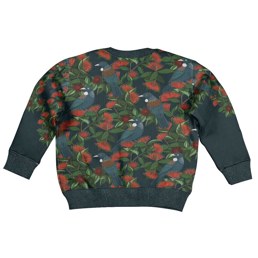 New Zealand Christmas Kid Ugly Christmas Sweater Romantic Tui Birds on Pohutukawa - Cobalt - Aussie Hoodie