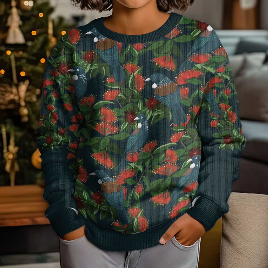 New Zealand Christmas Kid Ugly Christmas Sweater Romantic Tui Birds on Pohutukawa - Cobalt - Aussie Hoodie