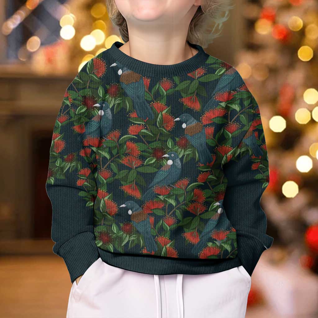New Zealand Christmas Kid Ugly Christmas Sweater Romantic Tui Birds on Pohutukawa - Cobalt - Aussie Hoodie