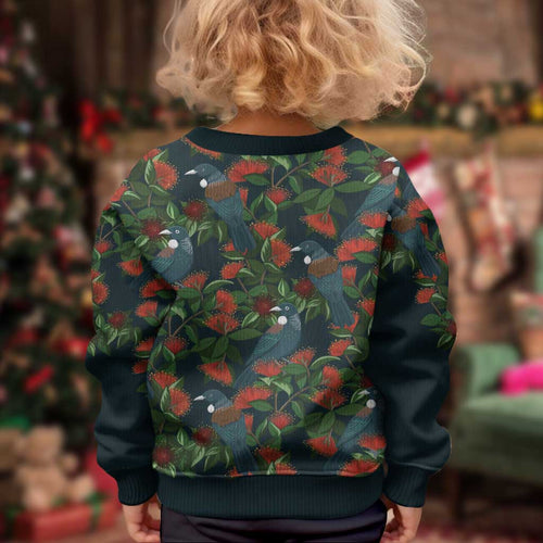 New Zealand Christmas Kid Ugly Christmas Sweater Romantic Tui Birds on Pohutukawa - Cobalt - Aussie Hoodie