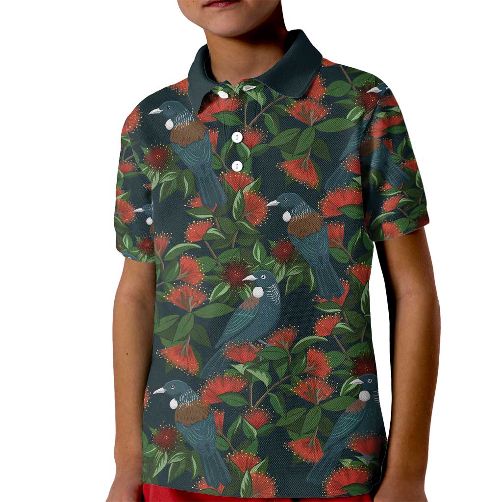 New Zealand Christmas Kid Polo Shirt Romantic Tui Birds on Pohutukawa - Cobalt - Aussie Hoodie