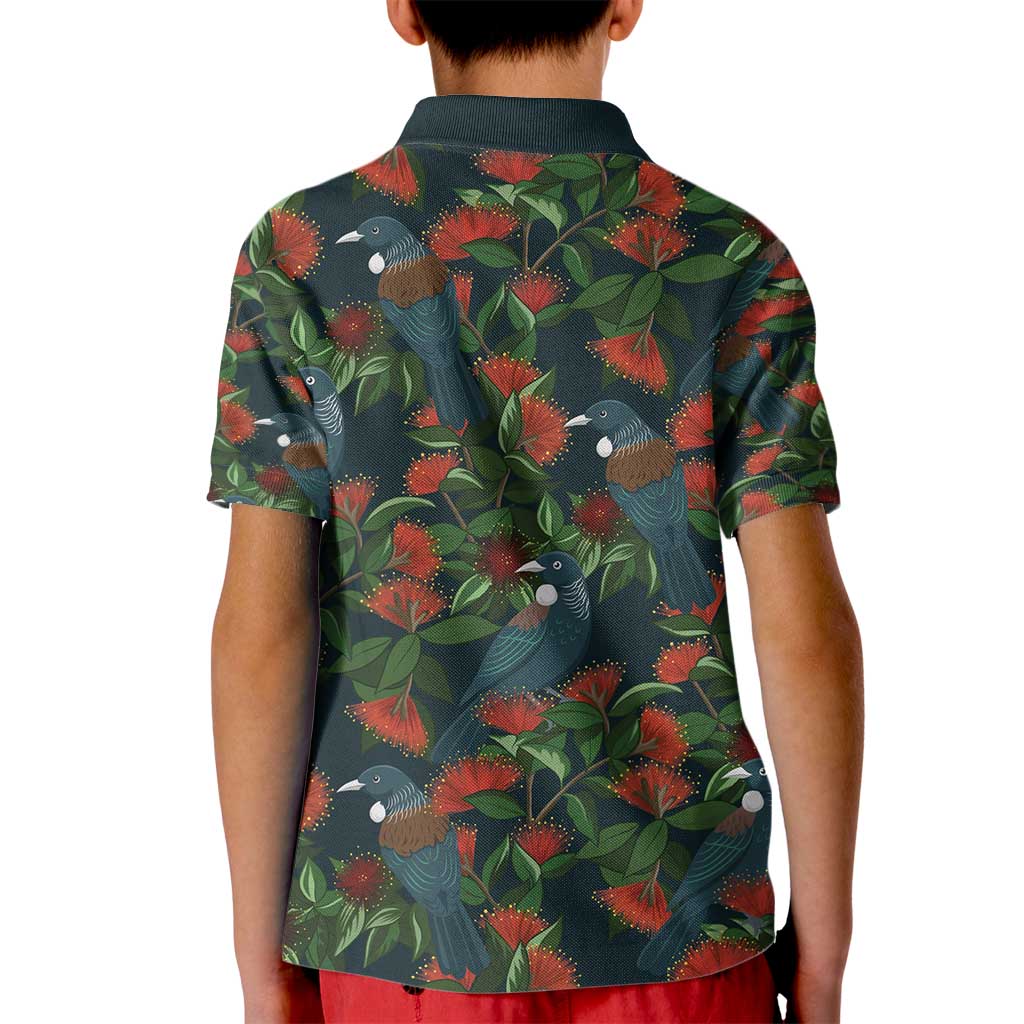 New Zealand Christmas Kid Polo Shirt Romantic Tui Birds on Pohutukawa - Cobalt - Aussie Hoodie