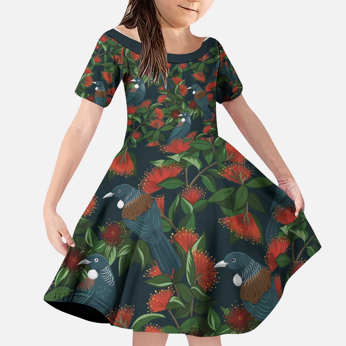 New Zealand Christmas Kid Short Sleeve Dress Romantic Tui Birds on Pohutukawa - Cobalt - Aussie Hoodie