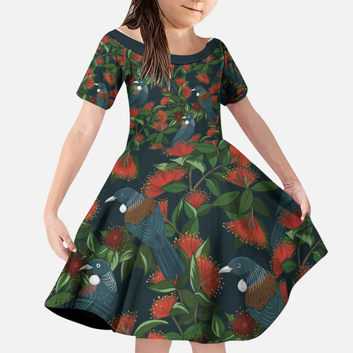 New Zealand Christmas Kid Short Sleeve Dress Romantic Tui Birds on Pohutukawa - Cobalt - Aussie Hoodie