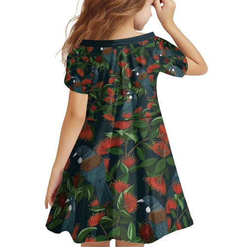 New Zealand Christmas Kid Short Sleeve Dress Romantic Tui Birds on Pohutukawa - Cobalt - Aussie Hoodie