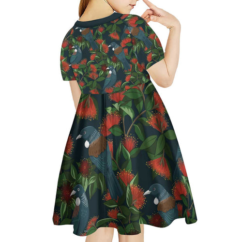 New Zealand Christmas Kid Short Sleeve Dress Romantic Tui Birds on Pohutukawa - Cobalt - Aussie Hoodie