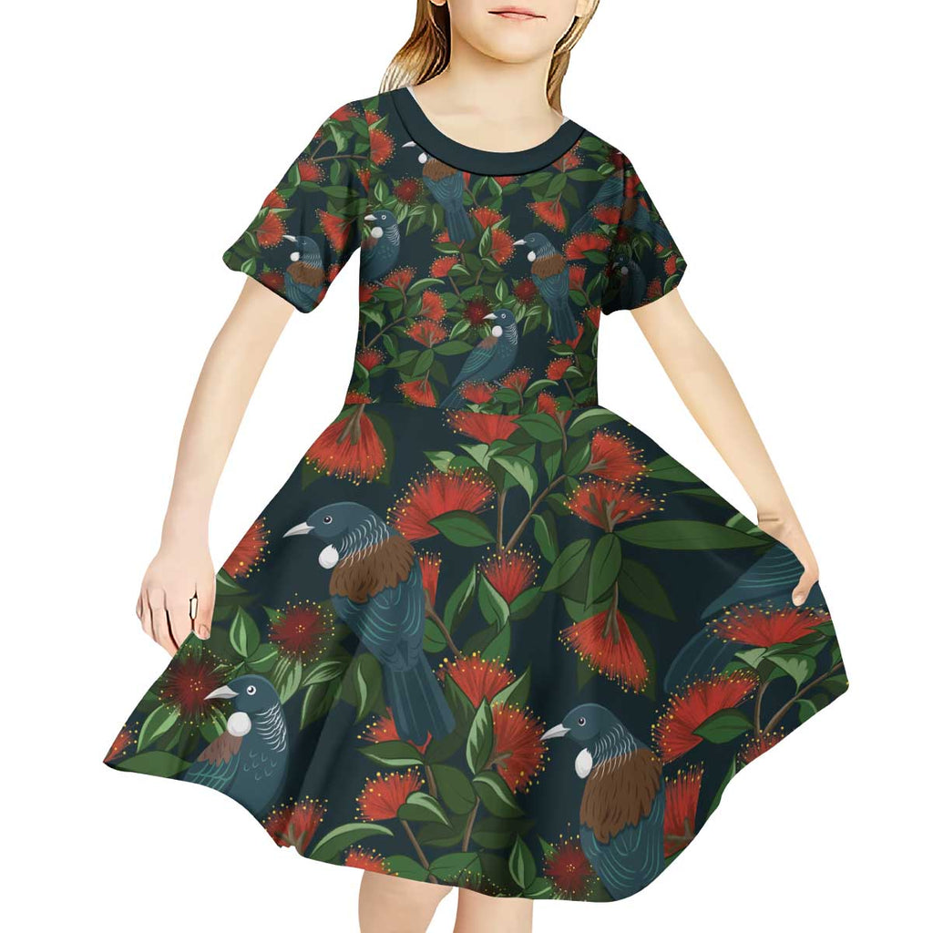 New Zealand Christmas Kid Short Sleeve Dress Romantic Tui Birds on Pohutukawa - Cobalt - Aussie Hoodie