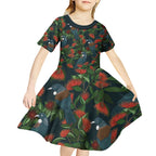 New Zealand Christmas Kid Short Sleeve Dress Romantic Tui Birds on Pohutukawa - Cobalt - Aussie Hoodie