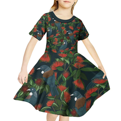 New Zealand Christmas Kid Short Sleeve Dress Romantic Tui Birds on Pohutukawa - Cobalt - Aussie Hoodie