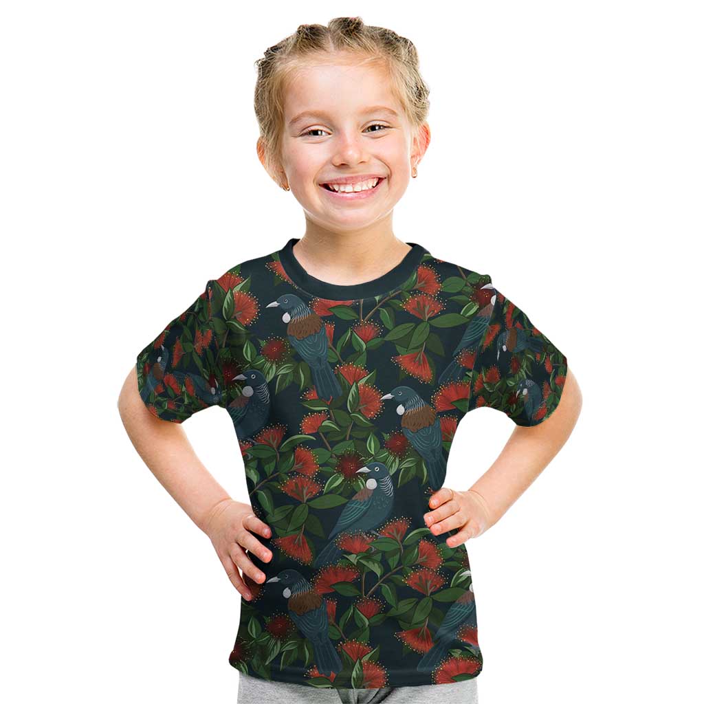New Zealand Christmas Kid T Shirt Romantic Tui Birds on Pohutukawa - Cobalt - Aussie Hoodie