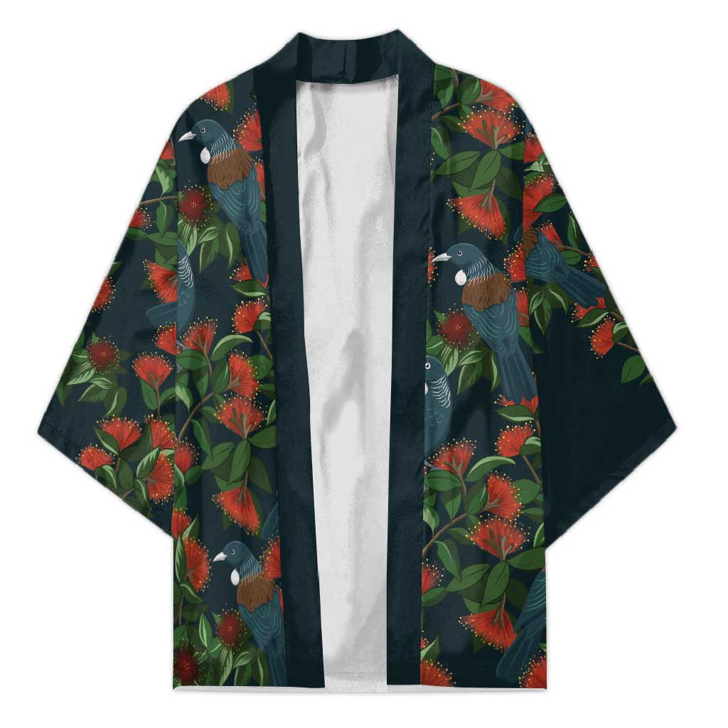 New Zealand Christmas Kimono Romantic Tui Birds on Pohutukawa - Cobalt - Aussie Hoodie