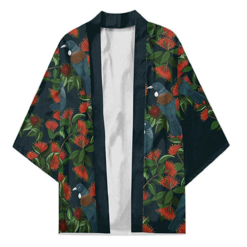 New Zealand Christmas Kimono Romantic Tui Birds on Pohutukawa - Cobalt - Aussie Hoodie