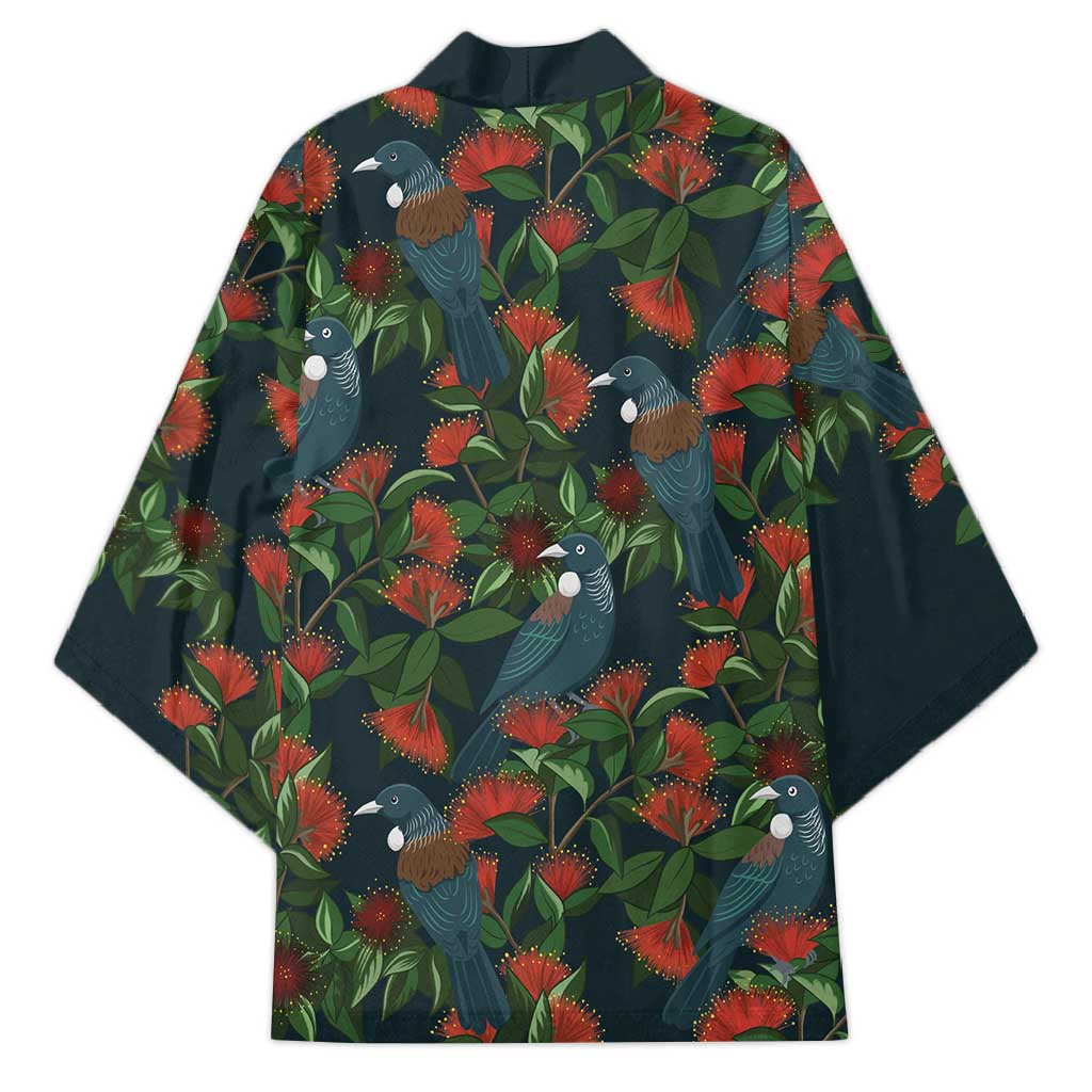 New Zealand Christmas Kimono Romantic Tui Birds on Pohutukawa - Cobalt - Aussie Hoodie