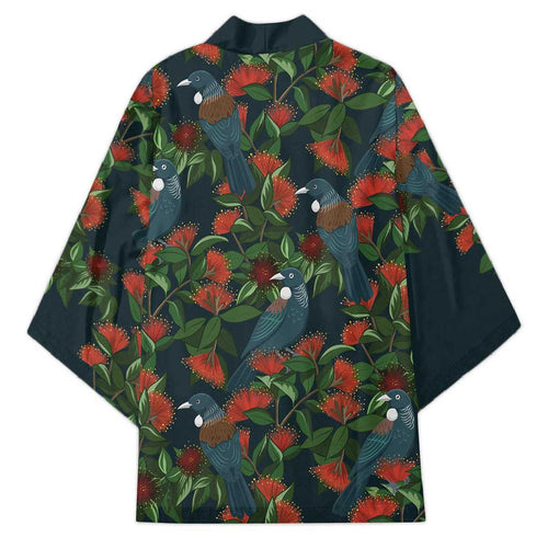 New Zealand Christmas Kimono Romantic Tui Birds on Pohutukawa - Cobalt - Aussie Hoodie