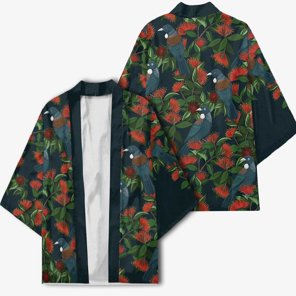 New Zealand Christmas Kimono Romantic Tui Birds on Pohutukawa - Cobalt - Aussie Hoodie