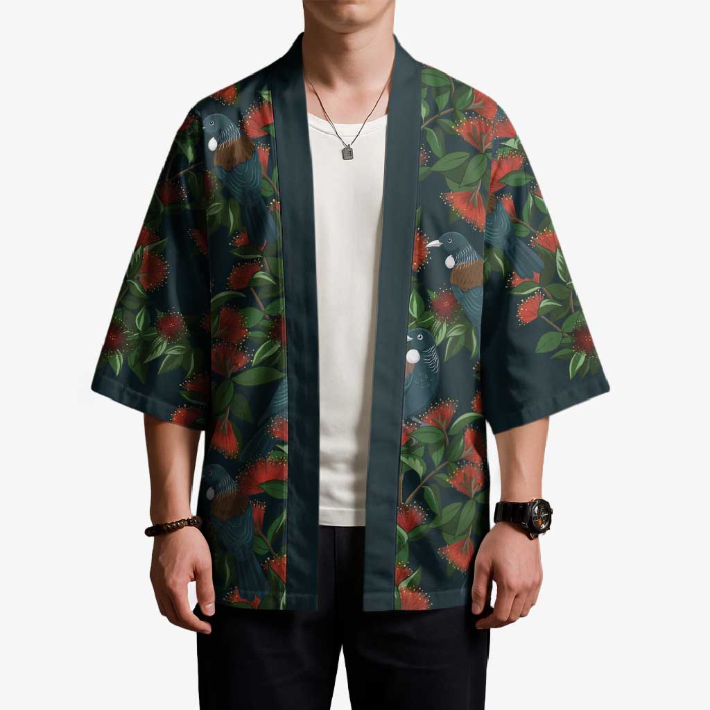 New Zealand Christmas Kimono Romantic Tui Birds on Pohutukawa - Cobalt - Aussie Hoodie