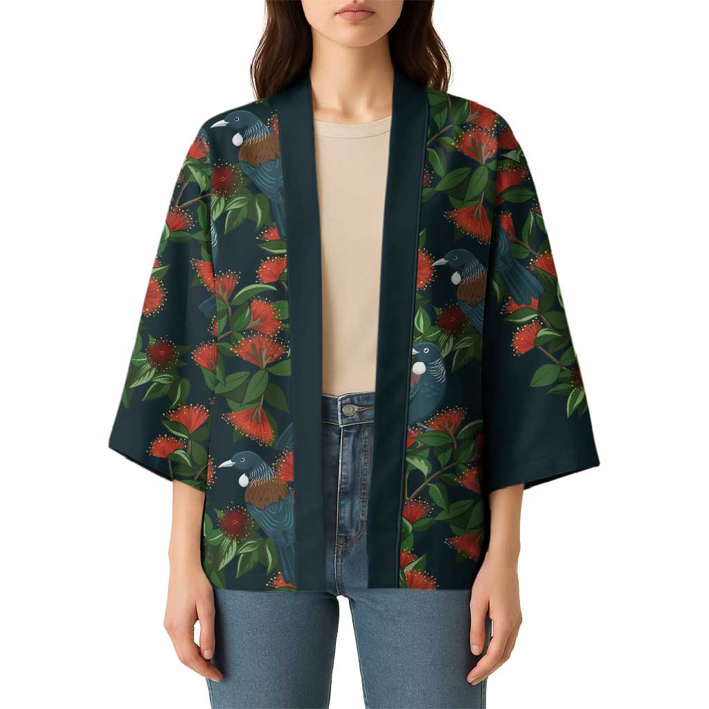 New Zealand Christmas Kimono Romantic Tui Birds on Pohutukawa - Cobalt - Aussie Hoodie