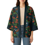 New Zealand Christmas Kimono Romantic Tui Birds on Pohutukawa - Cobalt - Aussie Hoodie