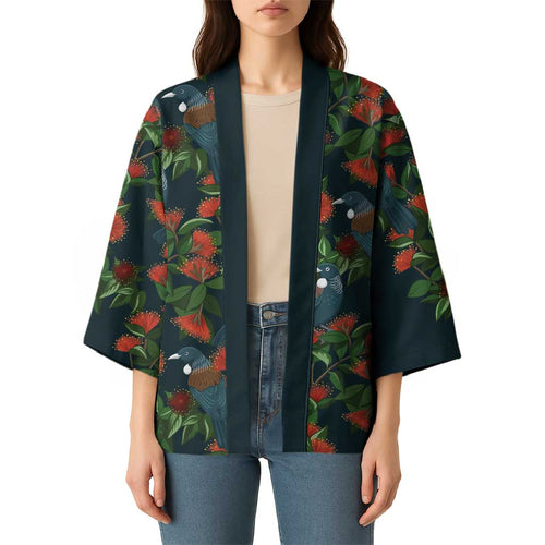New Zealand Christmas Kimono Romantic Tui Birds on Pohutukawa - Cobalt - Aussie Hoodie