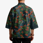 New Zealand Christmas Kimono Romantic Tui Birds on Pohutukawa - Cobalt - Aussie Hoodie