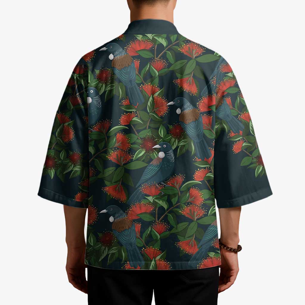 New Zealand Christmas Kimono Romantic Tui Birds on Pohutukawa - Cobalt - Aussie Hoodie