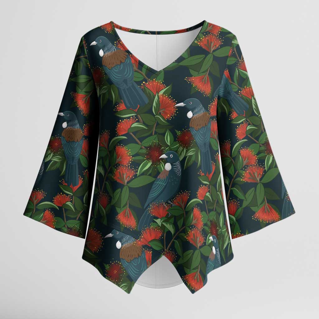 New Zealand Christmas Kimono Sleeve Blouse Romantic Tui Birds on Pohutukawa - Cobalt - Aussie Hoodie