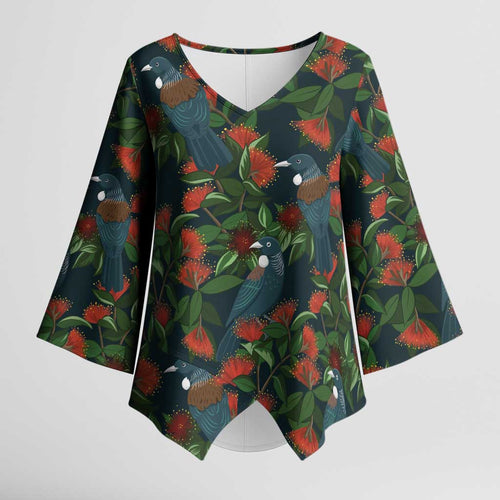New Zealand Christmas Kimono Sleeve Blouse Romantic Tui Birds on Pohutukawa - Cobalt - Aussie Hoodie