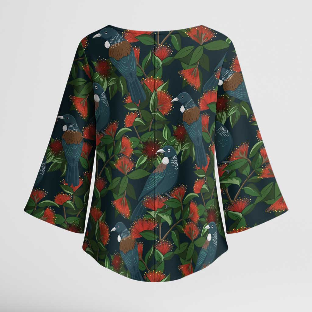 New Zealand Christmas Kimono Sleeve Blouse Romantic Tui Birds on Pohutukawa - Cobalt - Aussie Hoodie