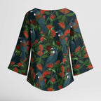 New Zealand Christmas Kimono Sleeve Blouse Romantic Tui Birds on Pohutukawa - Cobalt - Aussie Hoodie