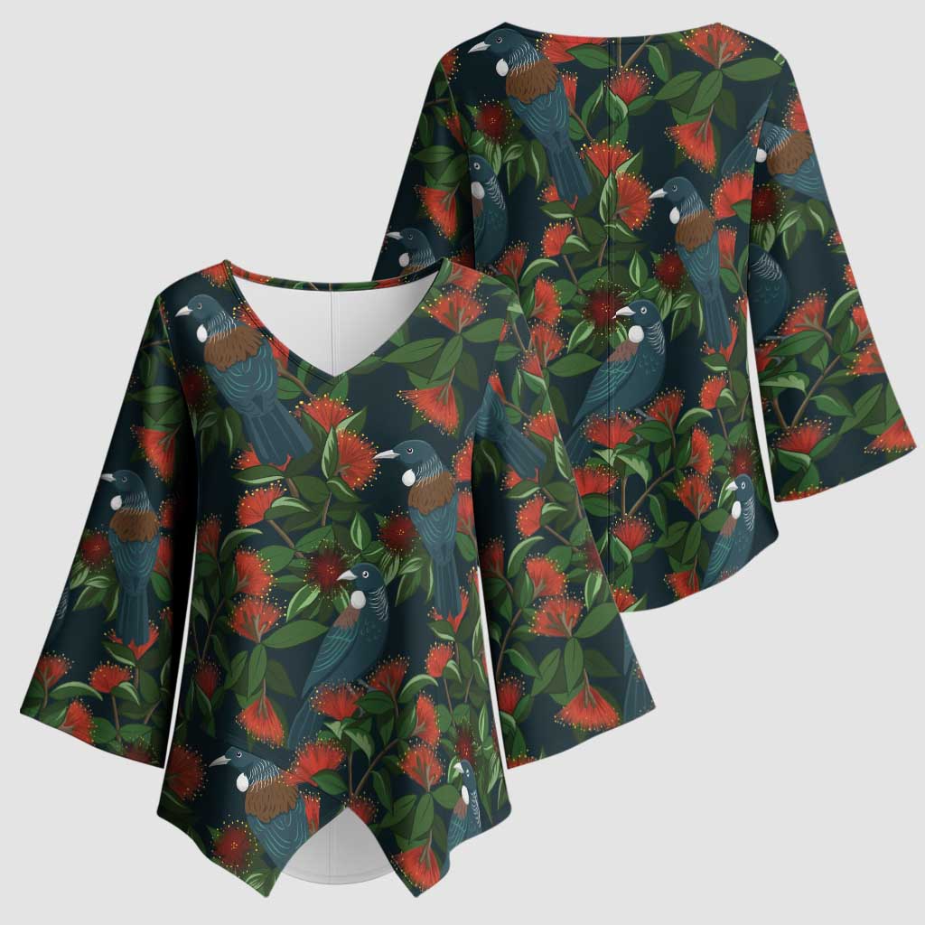 New Zealand Christmas Kimono Sleeve Blouse Romantic Tui Birds on Pohutukawa - Cobalt - Aussie Hoodie