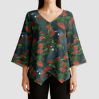 New Zealand Christmas Kimono Sleeve Blouse Romantic Tui Birds on Pohutukawa - Cobalt - Aussie Hoodie