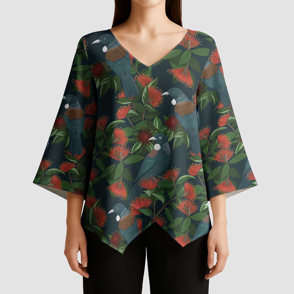 New Zealand Christmas Kimono Sleeve Blouse Romantic Tui Birds on Pohutukawa - Cobalt - Aussie Hoodie