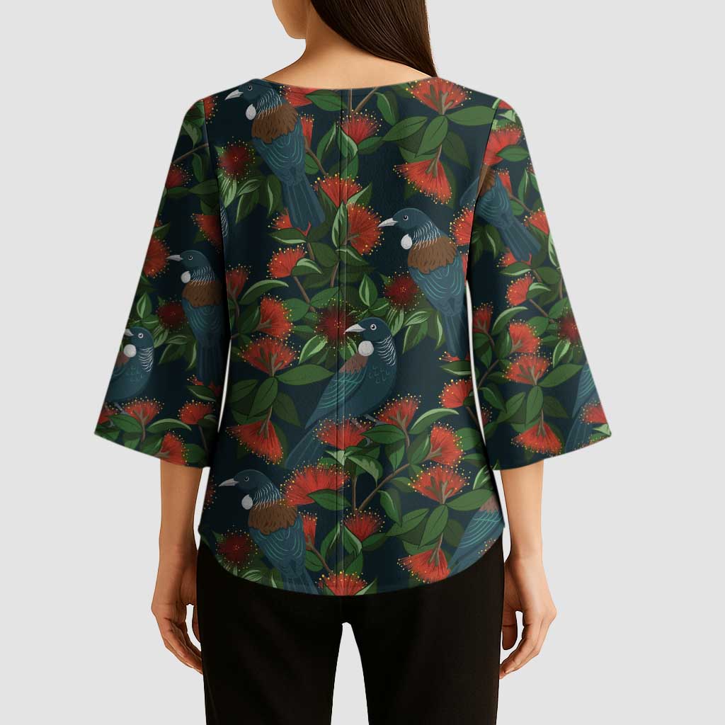 New Zealand Christmas Kimono Sleeve Blouse Romantic Tui Birds on Pohutukawa - Cobalt - Aussie Hoodie