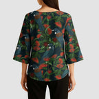New Zealand Christmas Kimono Sleeve Blouse Romantic Tui Birds on Pohutukawa - Cobalt - Aussie Hoodie