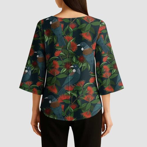 New Zealand Christmas Kimono Sleeve Blouse Romantic Tui Birds on Pohutukawa - Cobalt - Aussie Hoodie