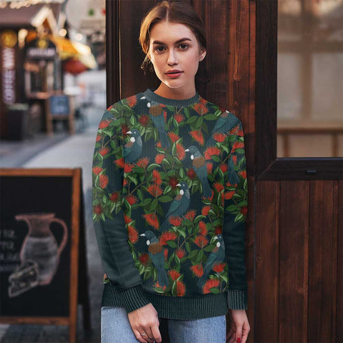 New Zealand Christmas Ugly Christmas Sweater Romantic Tui Birds on Pohutukawa - Cobalt - Aussie Hoodie