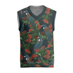 New Zealand Christmas Knitted V-Neck Vest Romantic Tui Birds on Pohutukawa - Cobalt - Aussie Hoodie