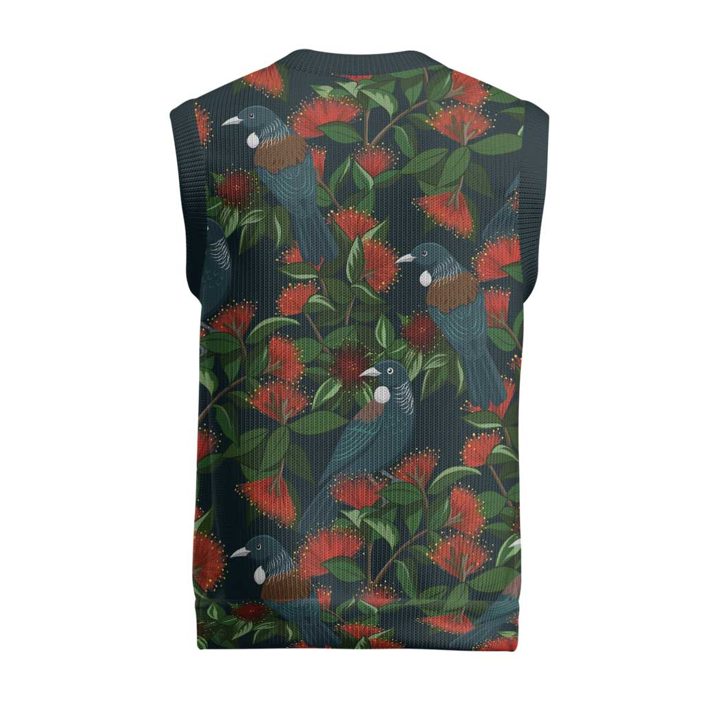 New Zealand Christmas Knitted V-Neck Vest Romantic Tui Birds on Pohutukawa - Cobalt - Aussie Hoodie