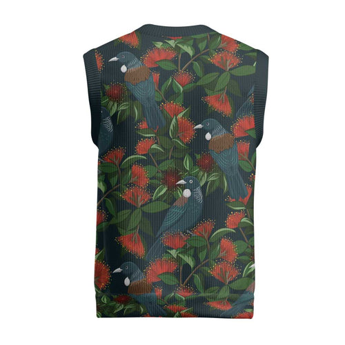 New Zealand Christmas Knitted V-Neck Vest Romantic Tui Birds on Pohutukawa - Cobalt - Aussie Hoodie