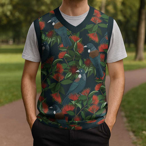 New Zealand Christmas Knitted V-Neck Vest Romantic Tui Birds on Pohutukawa - Cobalt - Aussie Hoodie
