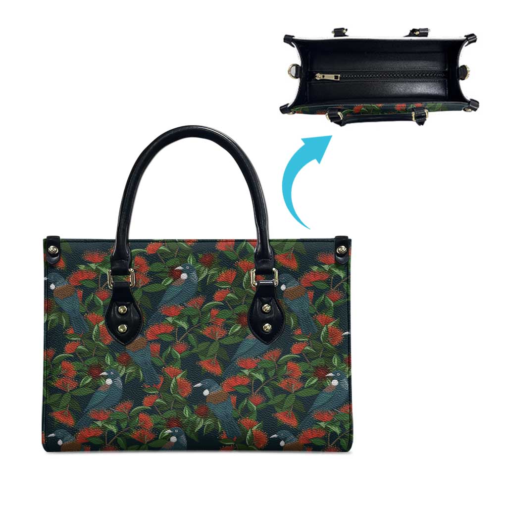 New Zealand Christmas Leather Bag Romantic Tui Birds on Pohutukawa - Cobalt - Aussie Hoodie