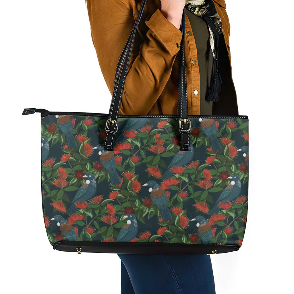 New Zealand Christmas Leather Tote Bag Romantic Tui Birds on Pohutukawa - Cobalt - Aussie Hoodie
