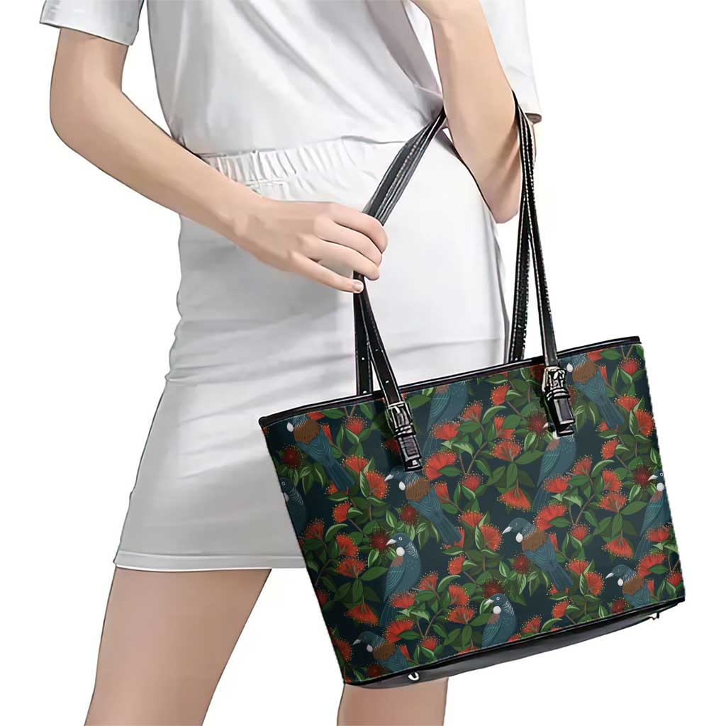 New Zealand Christmas Leather Tote Bag Romantic Tui Birds on Pohutukawa - Cobalt - Aussie Hoodie